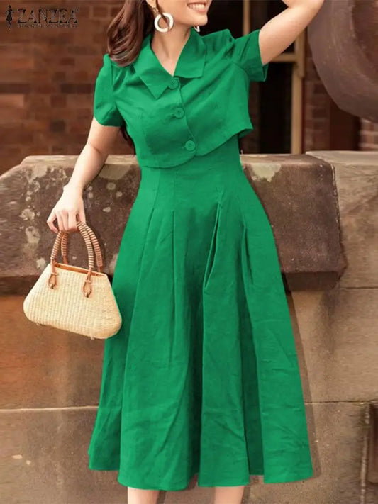 ZANZEA Women Two Piece Sets 2024 Summer Matching Sets Office Short Sleeve Outwear And Tank Dress Outfits Casual Solid Dress Suit