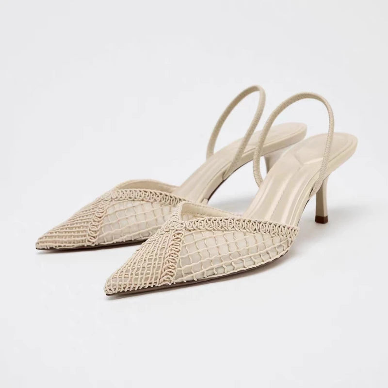 Mesh Woven Heeled Sandals Women Sexy Pointed Toe Back Strap Thin High Heels Comfortable Elegant Designer Shoes for Women Pumps