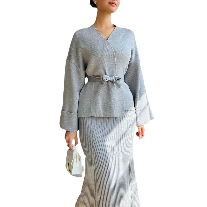 2025 New V Neck Tie Long Sleeve High Waist Knit Dress Set Slim Fit Elegant Temperament Fashion Two Piece Women Outfit