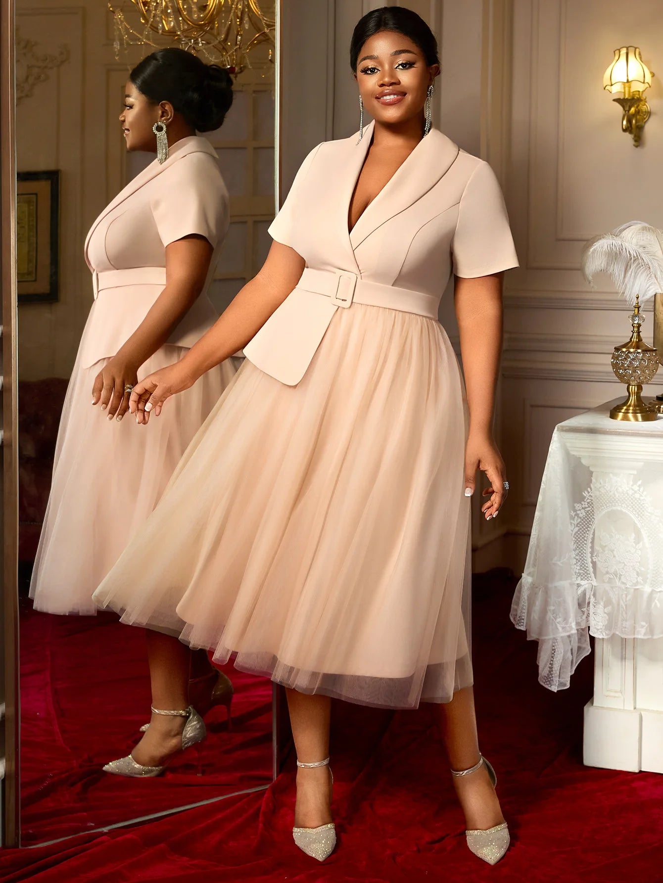 New plus-size new style elegant dress, slimming and form-fitting suit dress, belt A-line mesh dress