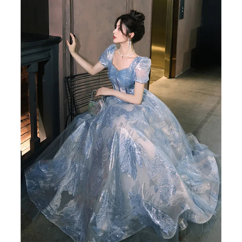 Blue Banquet Evening Dress 2025 New Summer French Style Long Adult Dress Elegant One Shoulder Party Dress for Outdressing