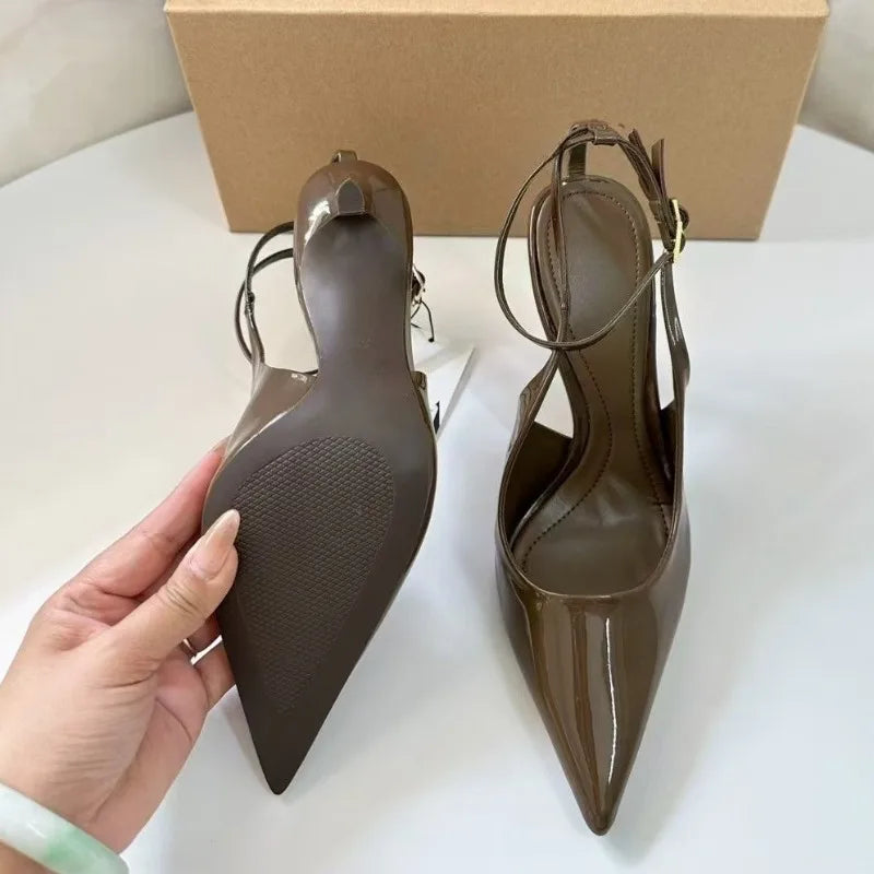 2025 Summer Luxury Designer Women Modern Sandals Patent Leather Sexy Ankle Strap Dress Party Slingbacks High Heels Ladies Shoes