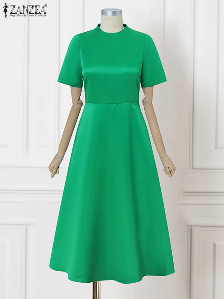 ZANZEA Summer Midi Dress Women A-Line Party Vestidos 2025 Elegant Office Work Satin Silk Sundress Casual Solid Short Sleeve Robe
