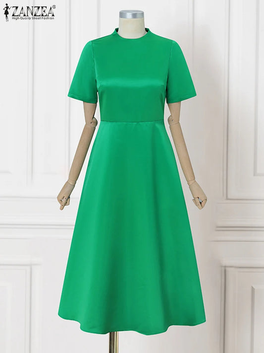 ZANZEA Summer Midi Dress Women A-Line Party Vestidos 2025 Elegant Office Work Satin Silk Sundress Casual Solid Short Sleeve Robe