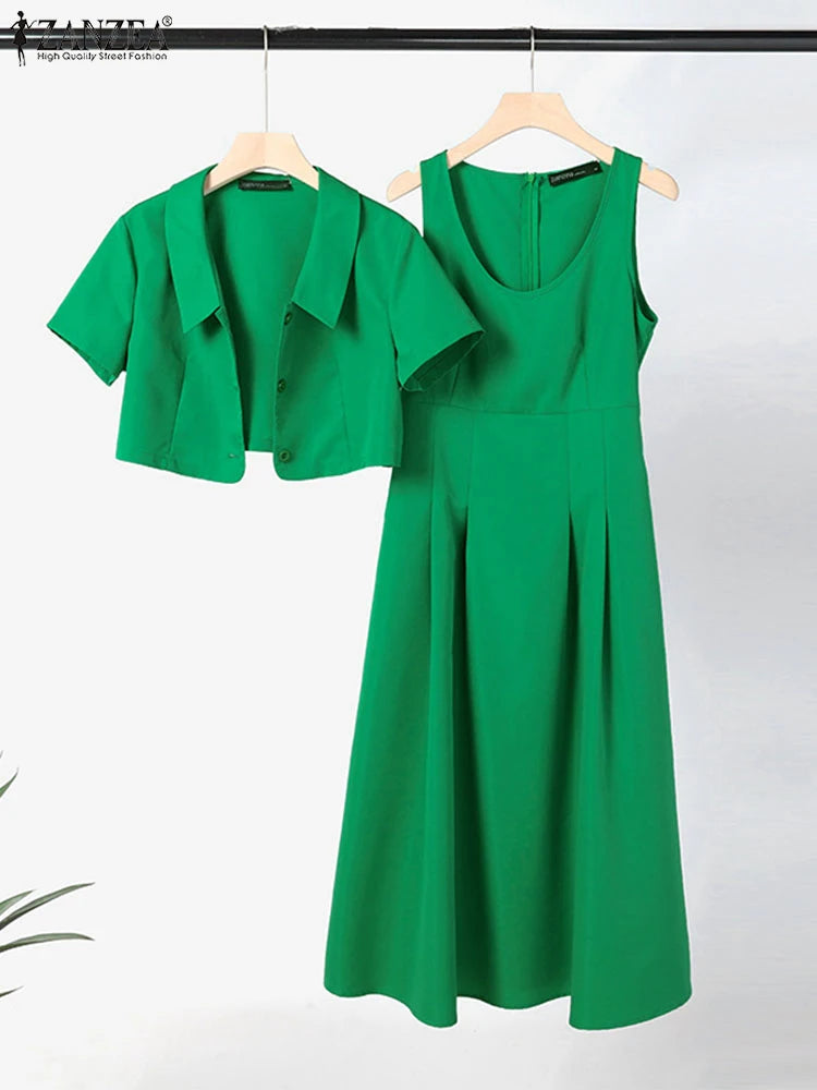 ZANZEA Women Two Piece Sets 2024 Summer Matching Sets Office Short Sleeve Outwear And Tank Dress Outfits Casual Solid Dress Suit