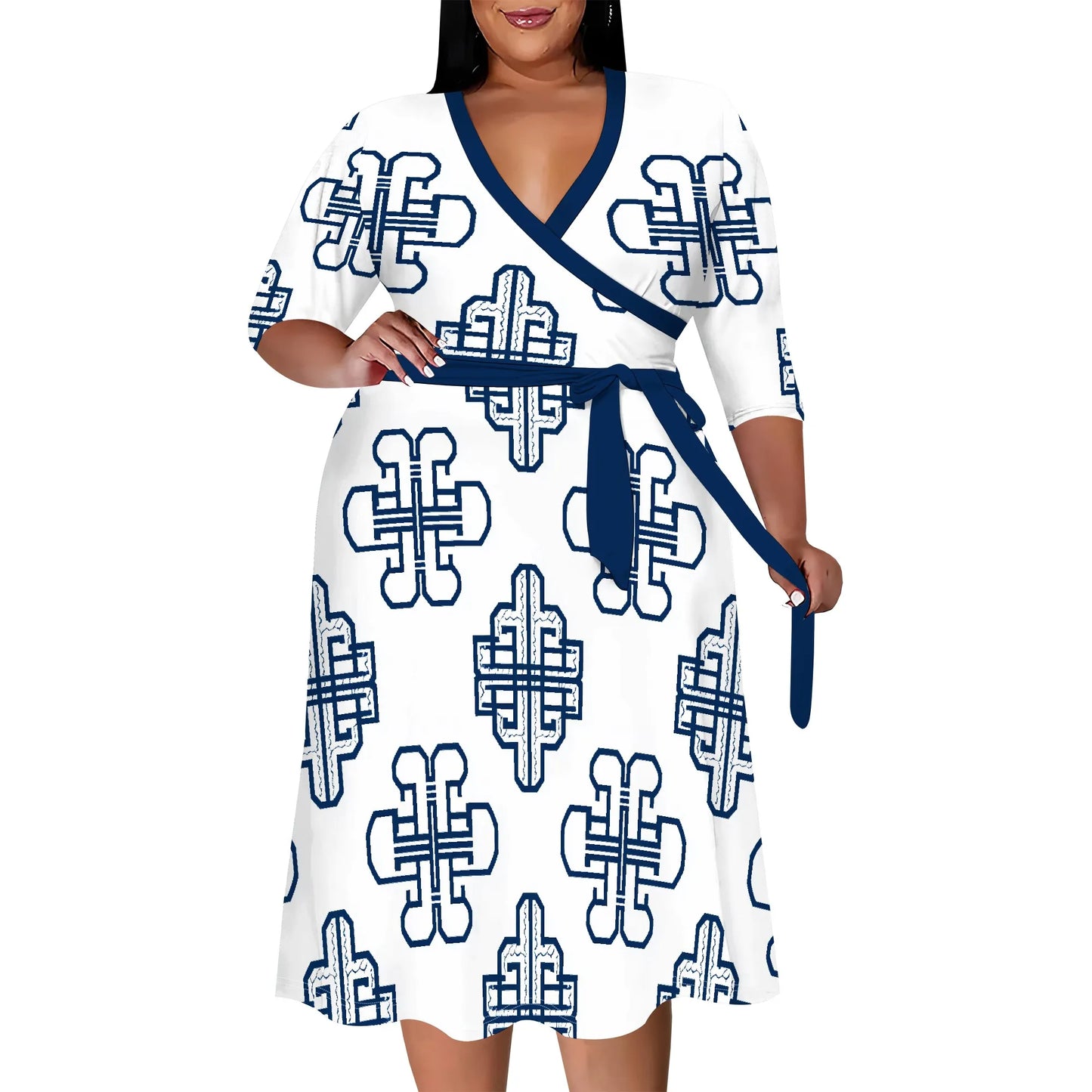 Plus Size Wrap Midi Dress Light Blue Geometric Print Elegant Modern 3/4 Sleeve Outfit