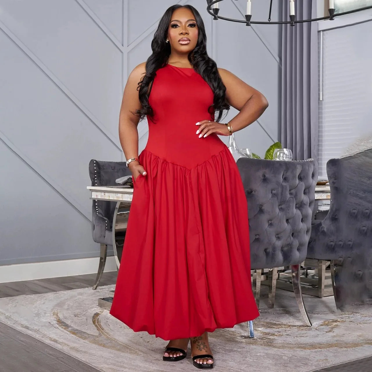 Women's plus Size Round neck Long Dress Autumn 2025 Fashionable Pleated Cinched Waist Elegant Casual Maxi Dress