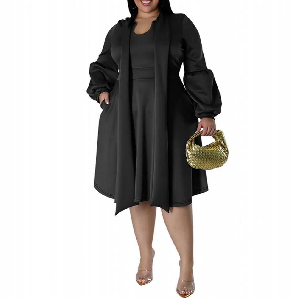 XL-5XL Plus Size Elegant Midi Dress 2024 Autumn Women Bohemian Dress Casual Long Sleeve Bandage Robe Black Oversize Dress