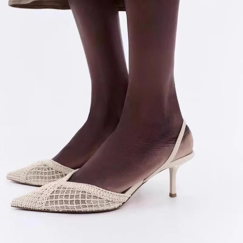 Mesh Woven Heeled Sandals Women Sexy Pointed Toe Back Strap Thin High Heels Comfortable Elegant Designer Shoes for Women Pumps