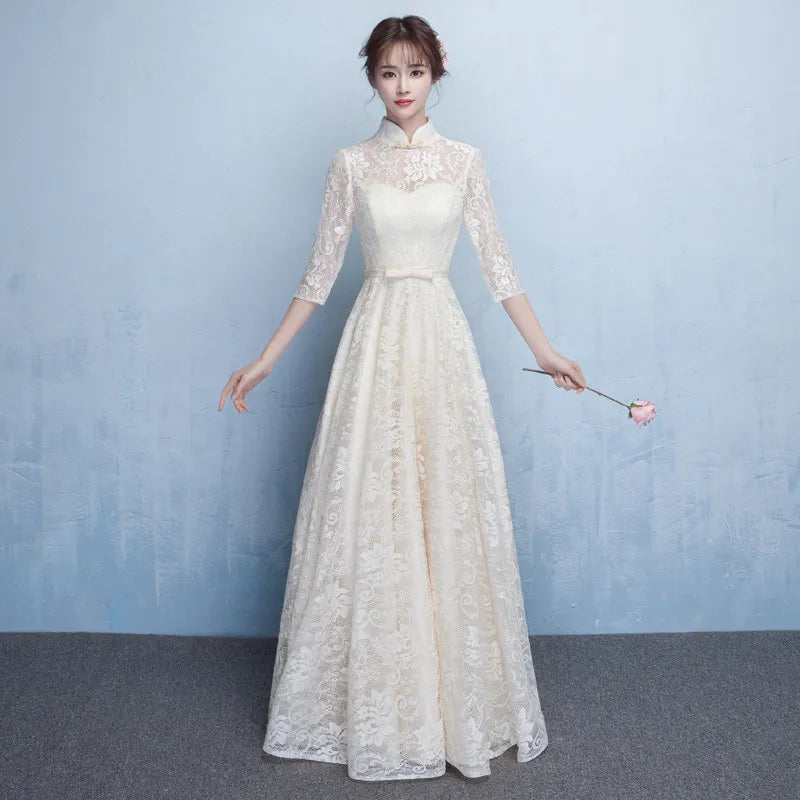 Chinese Bridesmaid Dress 2025 New Spring/summer Elegant Mid Sleeve Evening Dress Long Wedding Dress Improved Cheongsam
