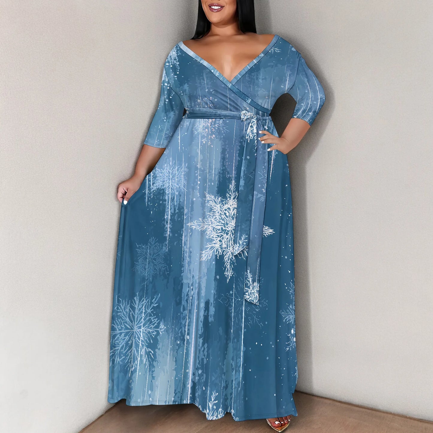 Plus Size Women's 3/4 Sleeve V-Neck Snowflake Print Wrap Maxi Dress Winter Elegant Party Dress