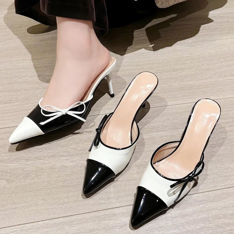Eilyken Spring Butterfly-knot Pointed Toe Mule Women Slippers Fashion Elegant Thin Heels Party Dress Ladies Shoes