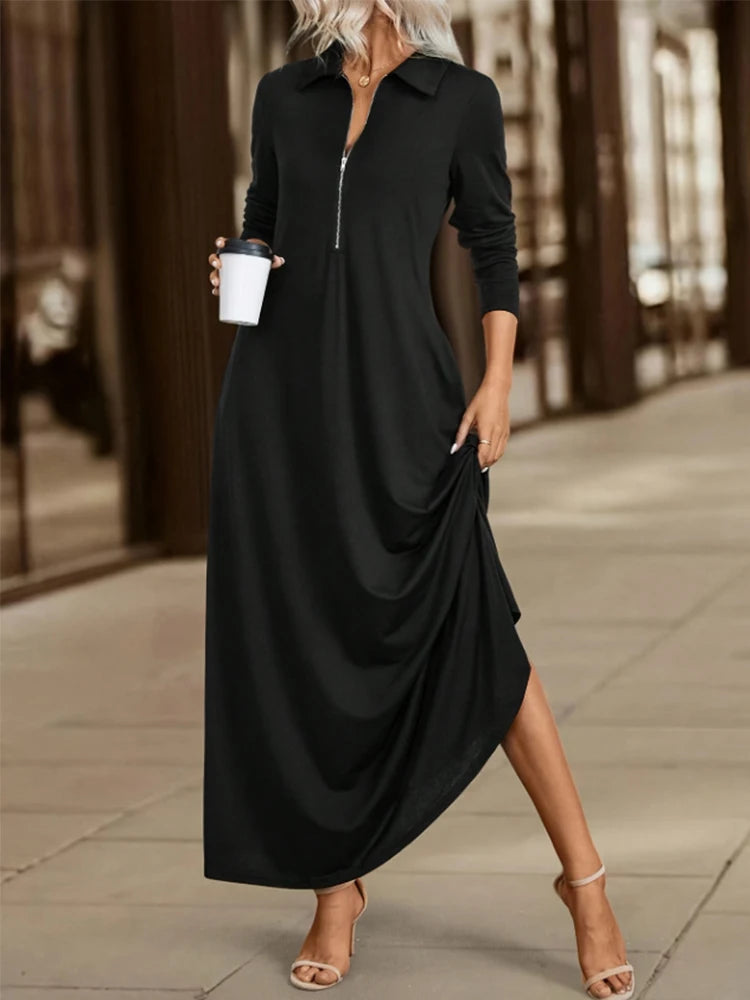 ﻿ Women's Elegant Solid Maxi Dress Fashion Simple Long Skirt 2025 Spring Autumn Slim Long Sleeves Shirt Dresses With Pockets