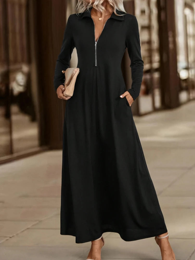 ﻿ Women's Elegant Solid Maxi Dress Fashion Simple Long Skirt 2025 Spring Autumn Slim Long Sleeves Shirt Dresses With Pockets