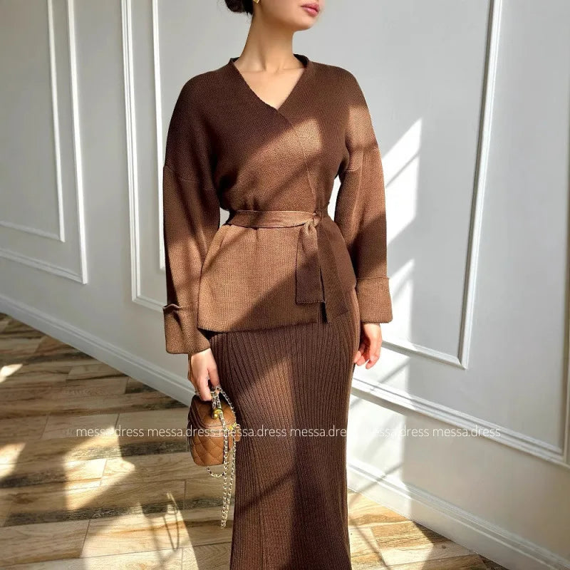 2025 New V Neck Tie Long Sleeve High Waist Knit Dress Set Slim Fit Elegant Temperament Fashion Two Piece Women Outfit
