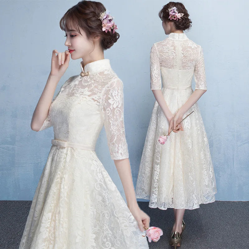 Chinese Bridesmaid Dress 2025 New Spring/summer Elegant Mid Sleeve Evening Dress Long Wedding Dress Improved Cheongsam