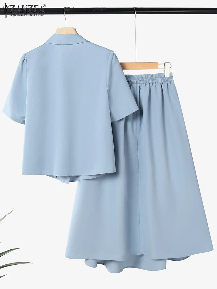ZANZEA Elegant OL Dress Sets Women Summer Two-piece Outfits 2025 Short Sleeve Shirts Pleated A-line Long Skirt Casual Solid 2pcs