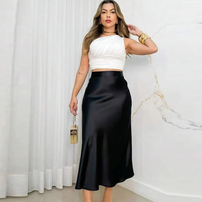 Women 2025 Satin Black Skirt Women High Waist Long Skirts for Women Summer White Midi Skirt Office Elegant Daily Skirts