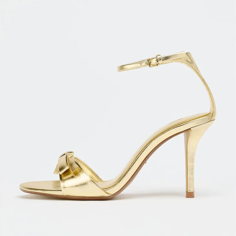 Elegant Golden Bow Brand High Heeled Sandals Women Summer Sexy Open Toe Ankle Buckle Designer Shoes Fashion Comfort Dress Shoes