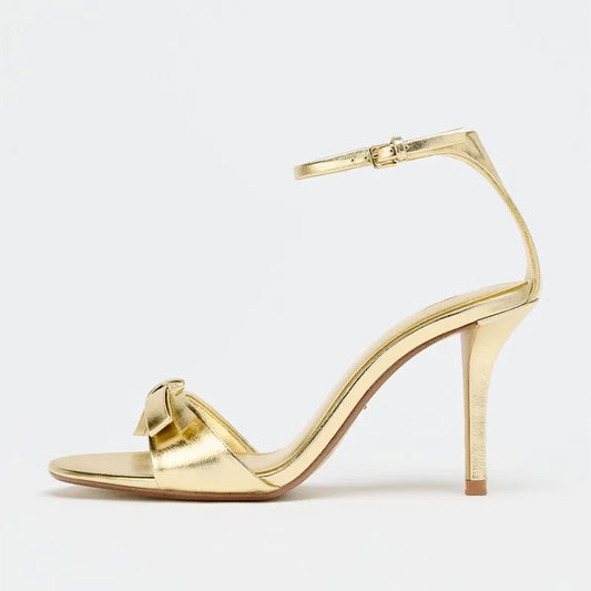 Elegant Golden Bow Brand High Heeled Sandals Women Summer Sexy Open Toe Ankle Buckle Designer Shoes Fashion Comfort Dress Shoes