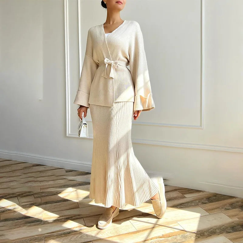 2025 New V Neck Tie Long Sleeve High Waist Knit Dress Set Slim Fit Elegant Temperament Fashion Two Piece Women Outfit