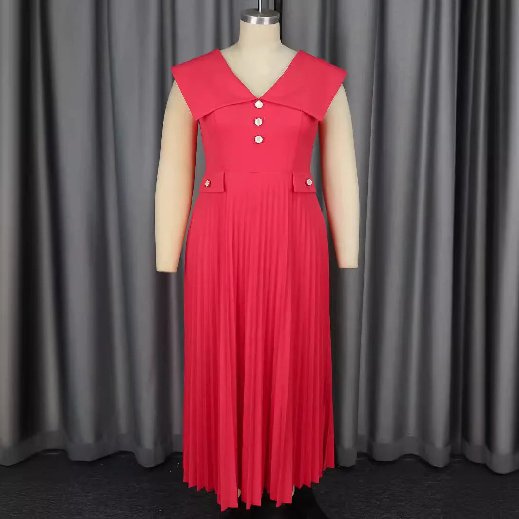 Spring 2025 Light Luxury Elegant Wind V-Neck Sleeveless Pleated Skirt High-Waist Dress for Formal Occasions Large Size Available