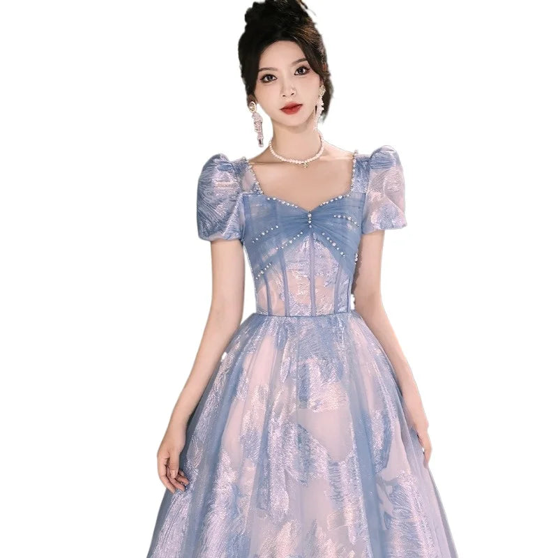 Blue Banquet Evening Dress 2025 New Summer French Style Long Adult Dress Elegant One Shoulder Party Dress for Outdressing